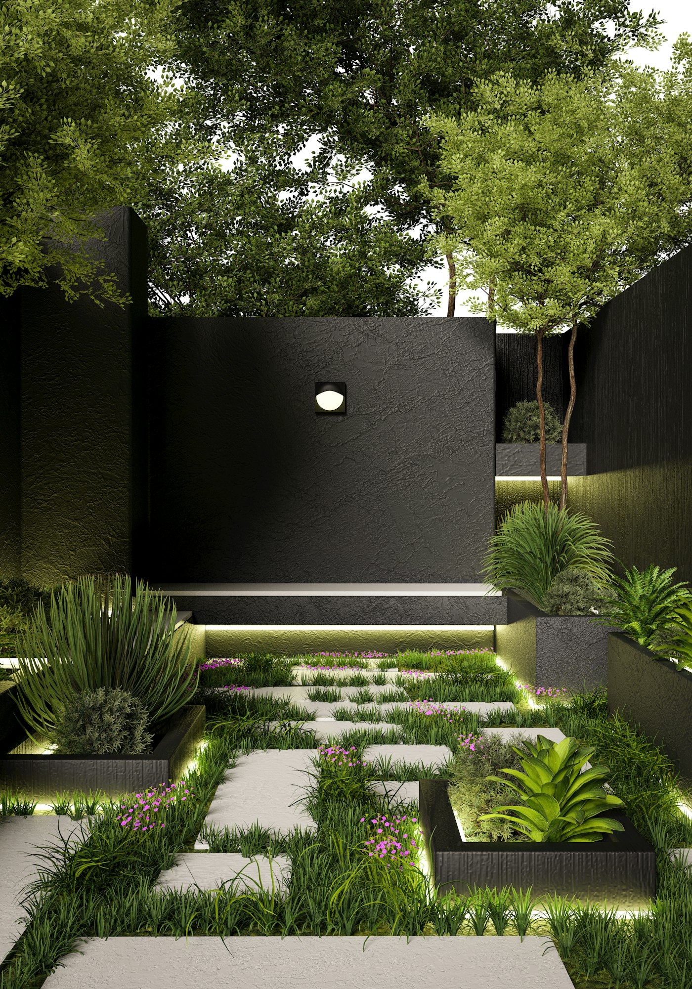 A detailed garden concept with stone paths, layered planting, and integrated lighting